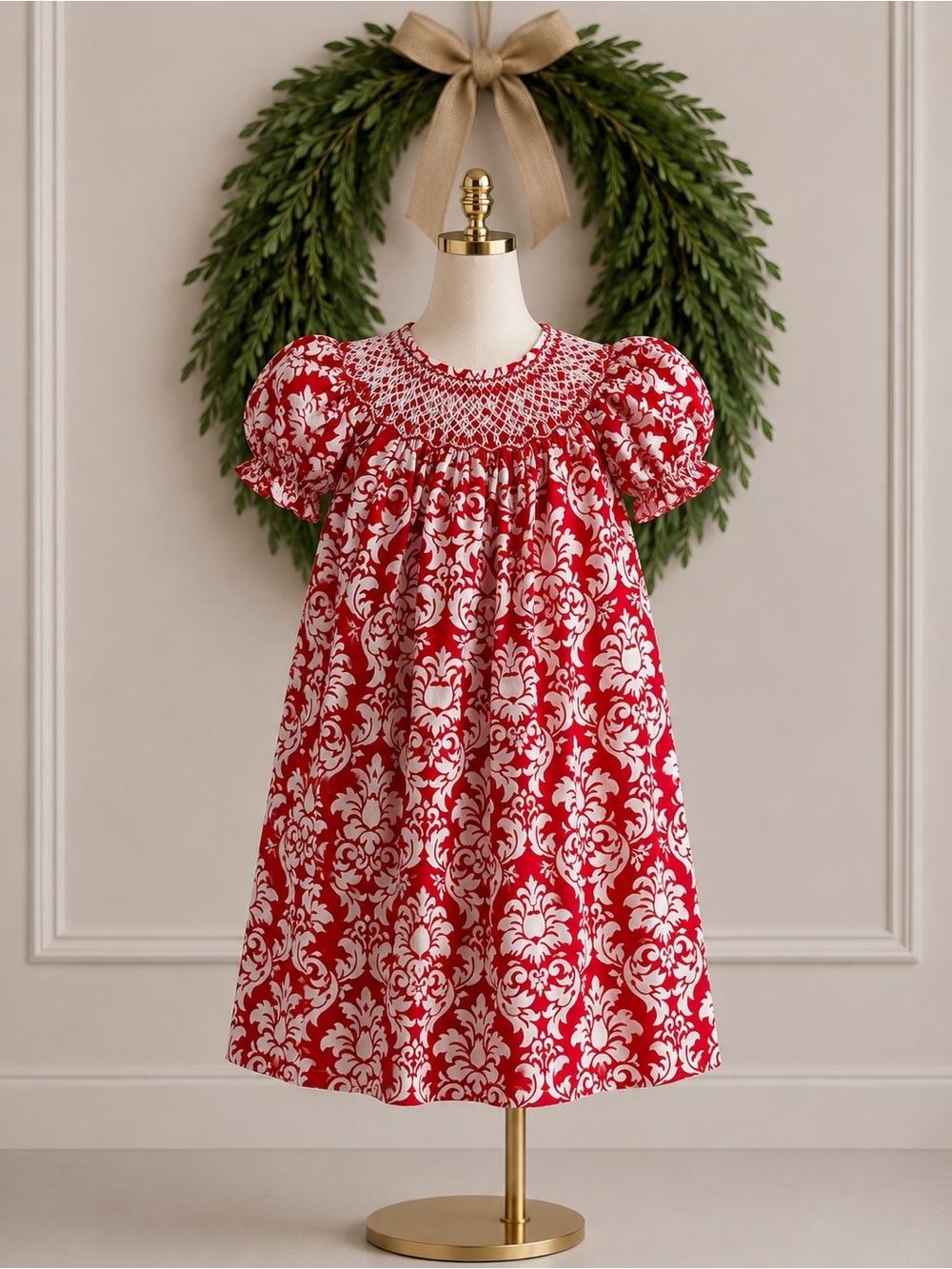 Le Za Me Smocked Bishop Dress Red White Fleur De Lis Christmas Valentines